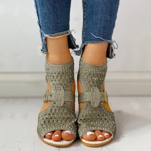 Wedge Sandals For Women Low,Comfortable Walking Sandals for Women Up Zip Out Hollow Crystal Outdoor Shoes Women's Womens Sandals Comfortable Boho Orthopedic Sandals Casual