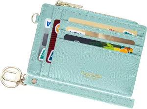 Wikavanli Women Slim Rfid Blocking Credit Card Case Holder Wristlet Zip ID Case Wallet Small Compact Leather Wallet Coin Purse with Keychain (Light Green a)