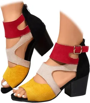 Women Colorful Fashion Causal Shoes Comfortable Open Toe Chunky Dress Wedding Shoes with Adjustable Ankle Strap