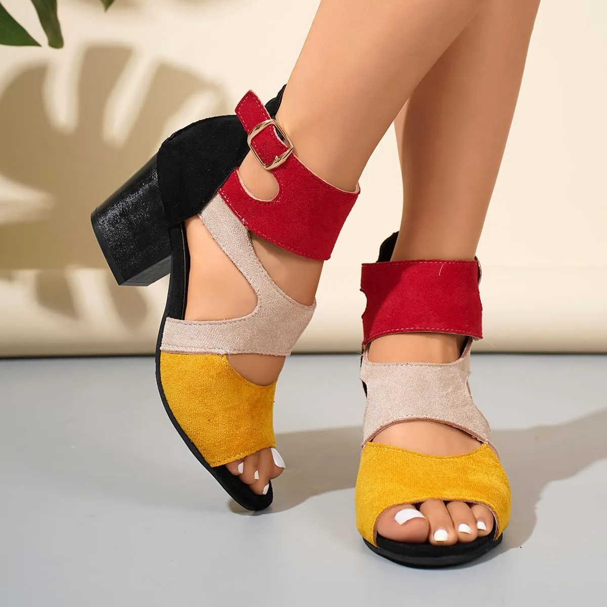 Women Colorful Fashion Causal Shoes Comfortable Open Toe Chunky Dress Wedding Shoes with Adjustable Ankle Strap