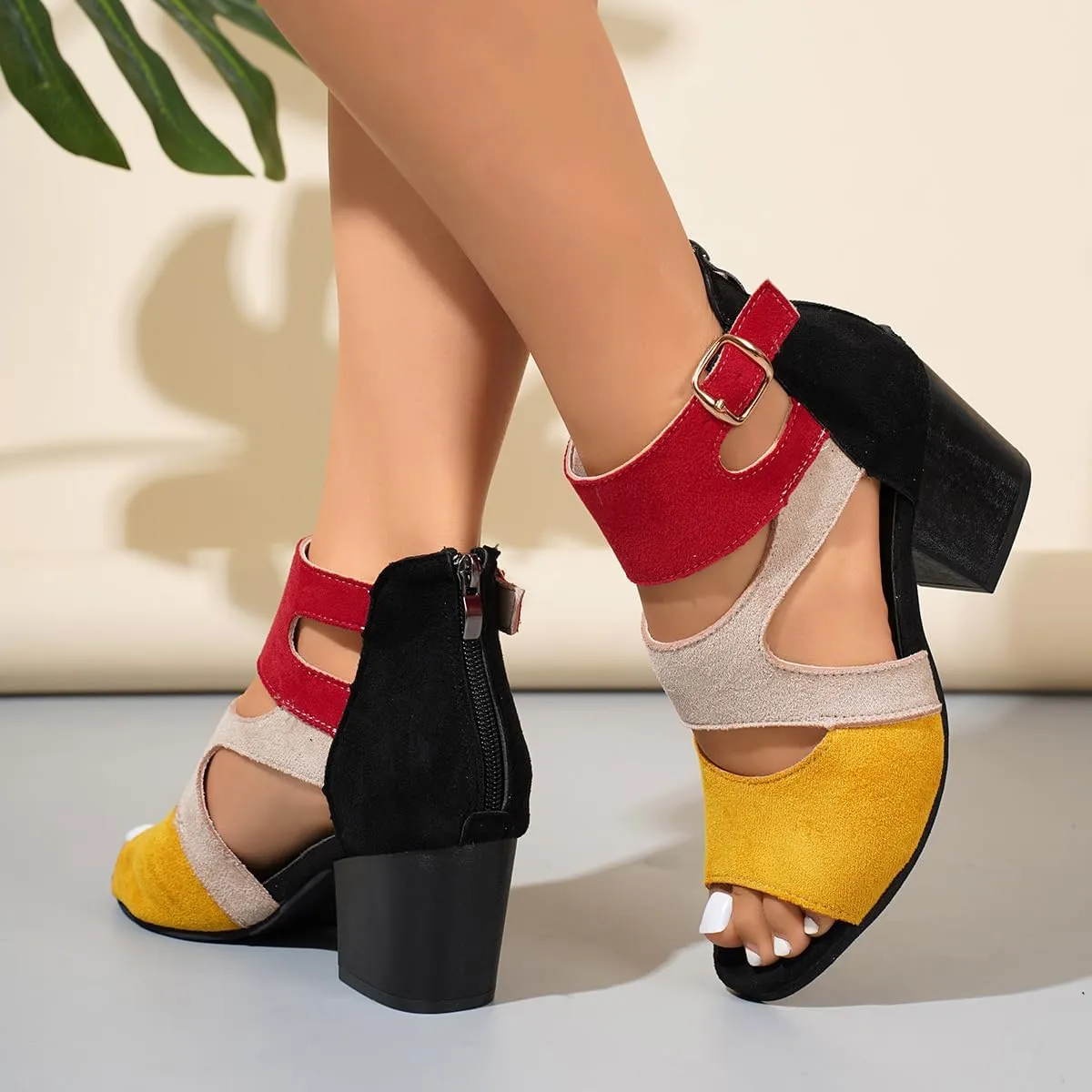 Women Colorful Fashion Causal Shoes Comfortable Open Toe Chunky Dress Wedding Shoes with Adjustable Ankle Strap