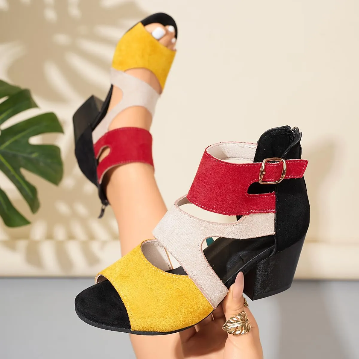 Women Colorful Fashion Causal Shoes Comfortable Open Toe Chunky Dress Wedding Shoes with Adjustable Ankle Strap