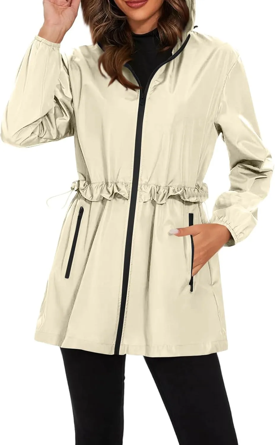 Women Rain Jacket Lightweight Waterproof Windbreaker Jacket Casual Hooded Raincoat Outdoor Zip Up Jacket with Pocket