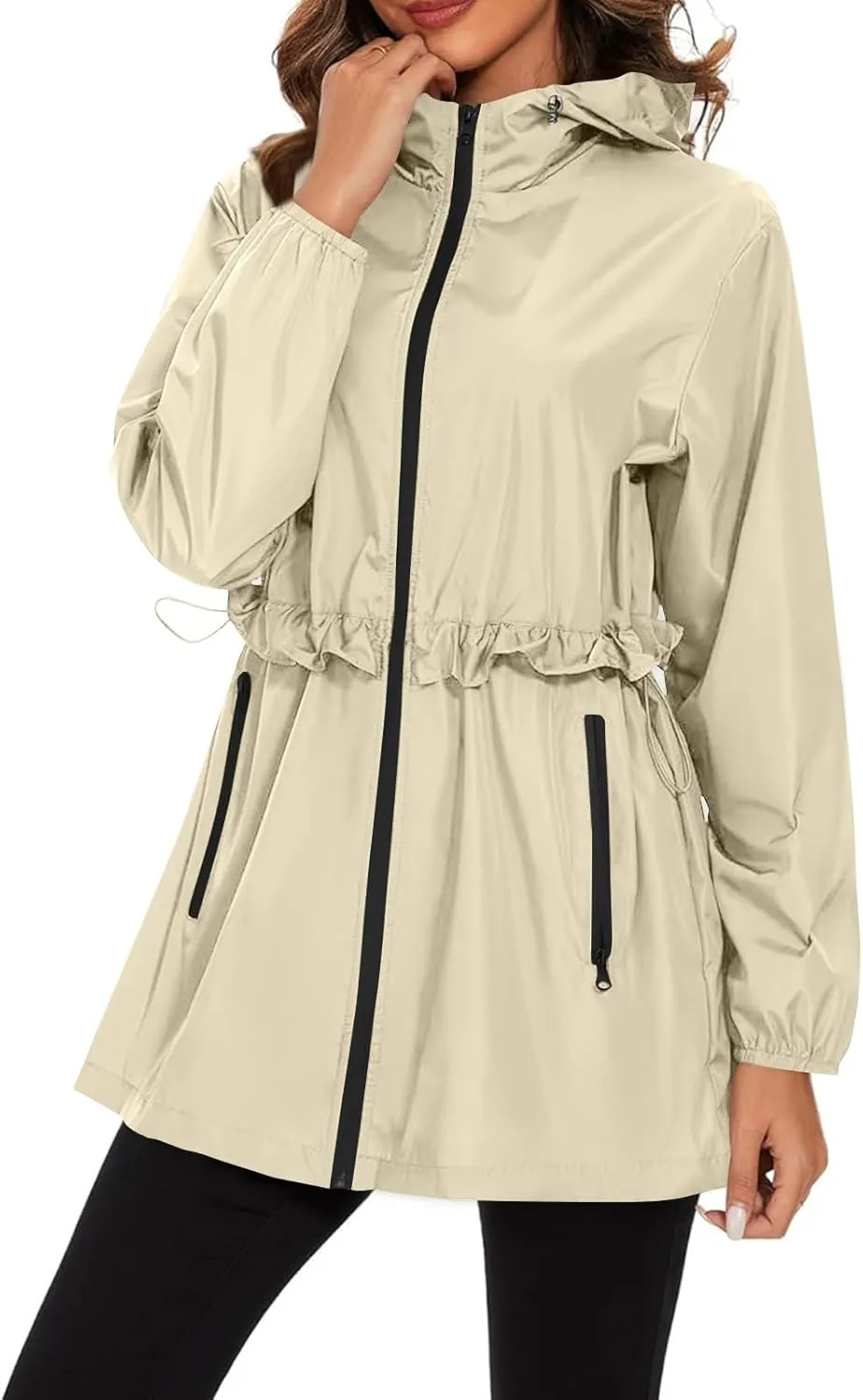 Women Rain Jacket Lightweight Waterproof Windbreaker Jacket Casual Hooded Raincoat Outdoor Zip Up Jacket with Pocket