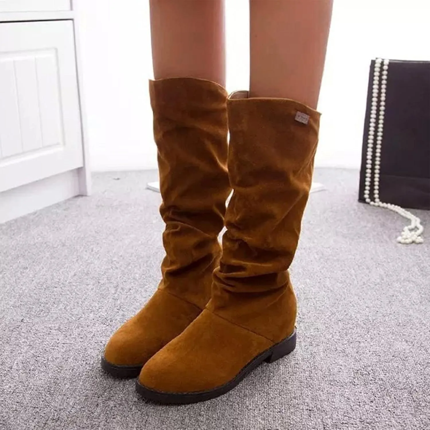 Womens Boots Fashion Pleated Thick Heel Waterproof Boots for Women Warm Comfortable Soft Leather Mid-Calf Boots