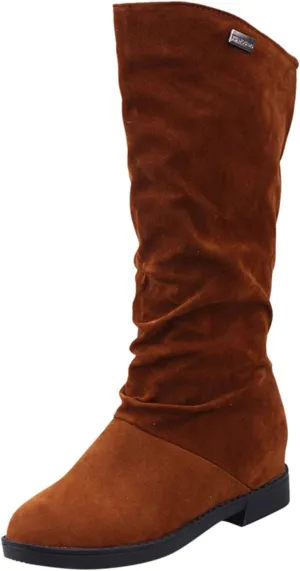 Womens Boots Fashion Pleated Thick Heel Waterproof Boots for Women Warm Comfortable Soft Leather Mid-Calf Boots