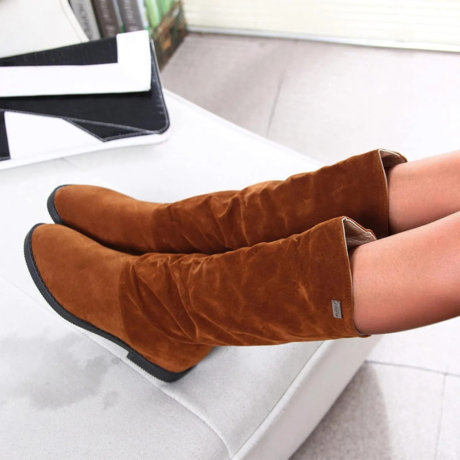 Womens Boots Fashion Pleated Thick Heel Waterproof Boots for Women Warm Comfortable Soft Leather Mid-Calf Boots