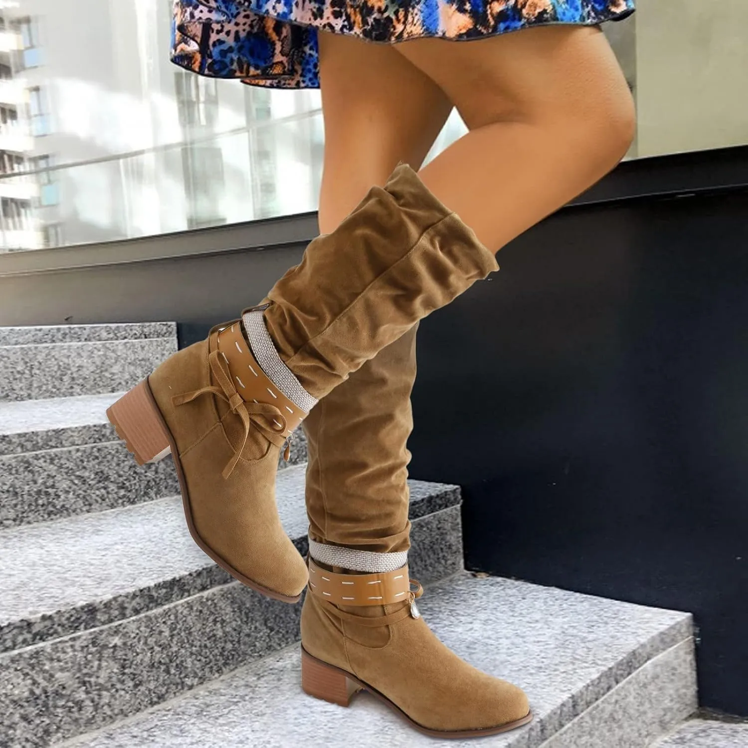 Womens Boots Fashion Thick Heel Round Toe Boots for Women Warm Flock Durable Soft Winter Boots for Women