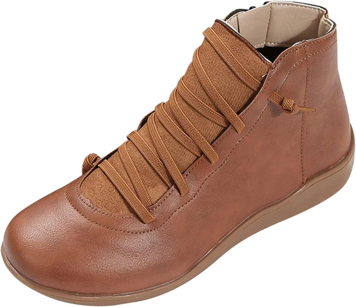 Womens Boots Retro Shoelace PU Leather Flat Soft Sole Boots for Women Solid Color Round Toe Casual Ankle Boots