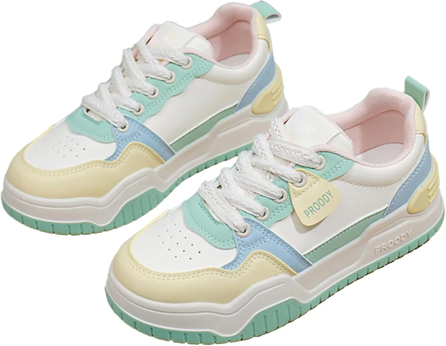 Women's Chunky Platform Sneakers Preppy Sport Thick Sole Walking Skate Shoes Lace Up Breathable Color Block for Girl