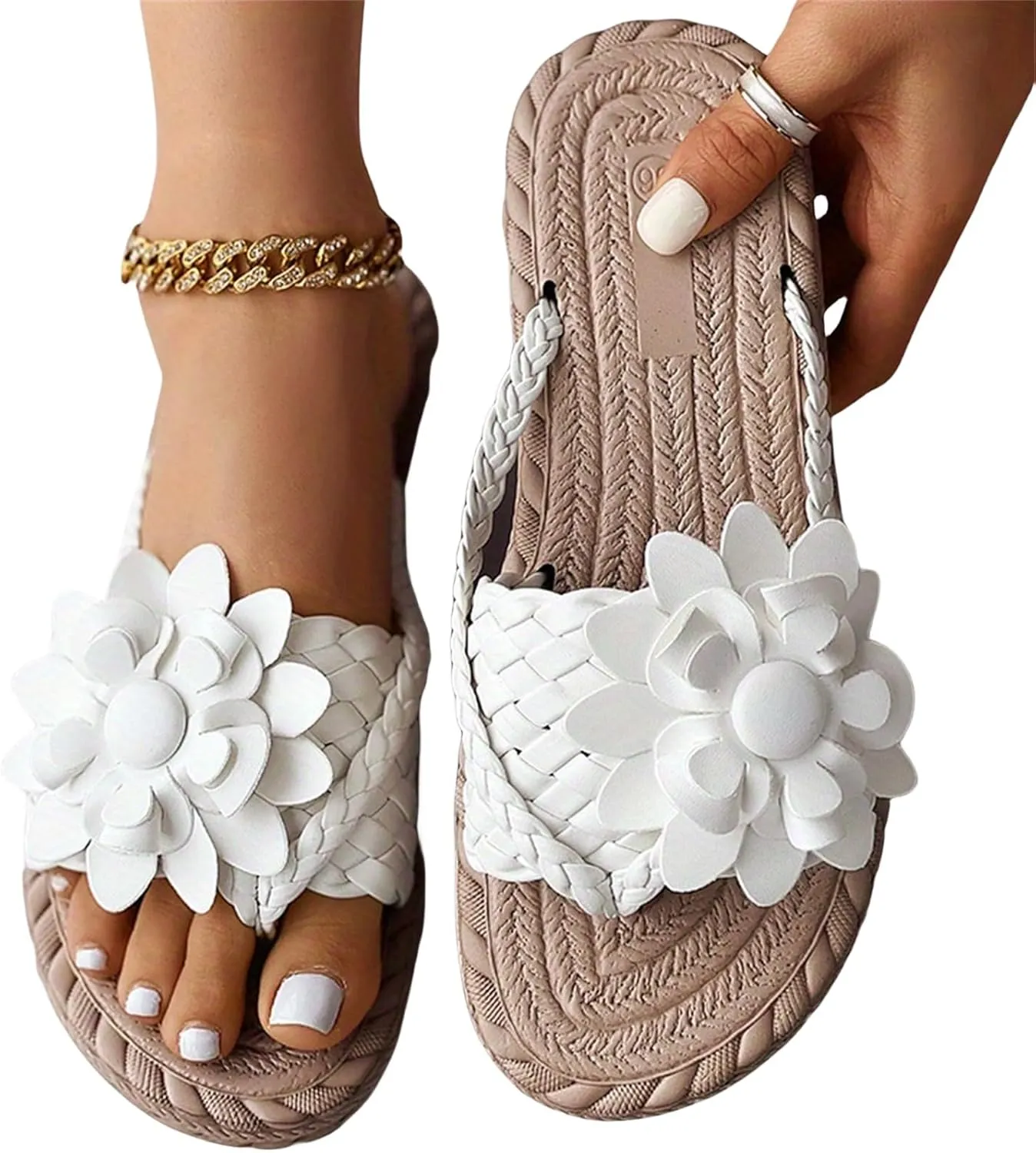 Womens Flat Sandals Comfortable Flower Flip Flops Open Toe Beach Thong Slippers Bohemian Outdoor Trendy Summer Shoes