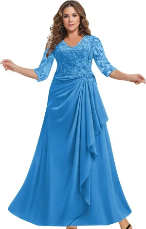 Women's Mother of The Bride Dresses for Wedding Lace Appliques 3/4 Sleeve A Line Chiffon Formal Party Prom Gowns