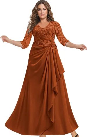 Women's Mother of The Bride Dresses for Wedding Lace Appliques 3/4 Sleeve A Line Chiffon Formal Party Prom Gowns