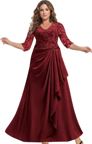 Women's Mother of The Bride Dresses for Wedding Lace Appliques 3/4 Sleeve A Line Chiffon Formal Party Prom Gowns