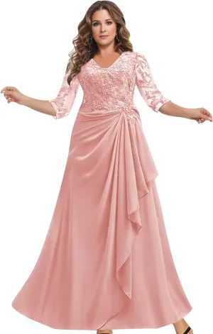 Women's Mother of The Bride Dresses for Wedding Lace Appliques 3/4 Sleeve A Line Chiffon Formal Party Prom Gowns