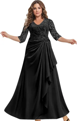 Women's Mother of The Bride Dresses for Wedding Lace Appliques 3/4 Sleeve A Line Chiffon Formal Party Prom Gowns