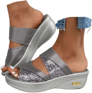 Women's Orthopedic Comfortable Arch Support Slide Slippers Wide Width Lightweight Cushioned Walking Hiking Platform Beach Outdoor Sandals Thick Sole Two Bands Sequin Sandals Slip on Daily Shoes