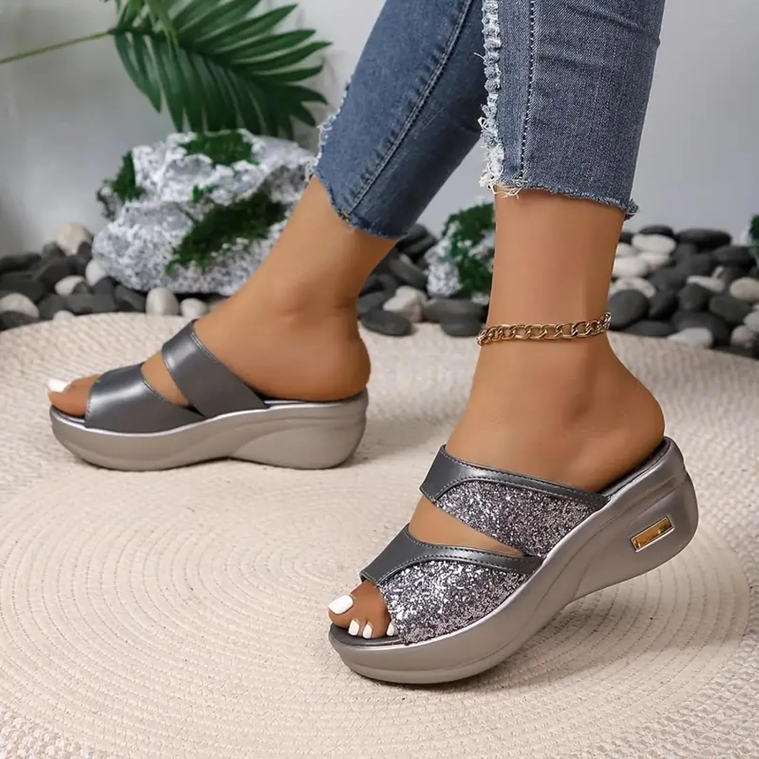 Women's Orthopedic Comfortable Arch Support Slide Slippers Wide Width Lightweight Cushioned Walking Hiking Platform Beach Outdoor Sandals Thick Sole Two Bands Sequin Sandals Slip on Daily Shoes