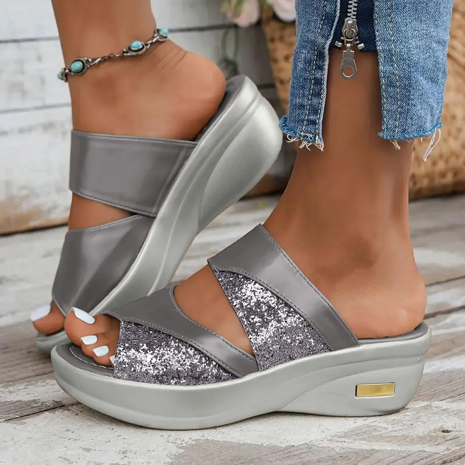Women's Orthopedic Comfortable Arch Support Slide Slippers Wide Width Lightweight Cushioned Walking Hiking Platform Beach Outdoor Sandals Thick Sole Two Bands Sequin Sandals Slip on Daily Shoes