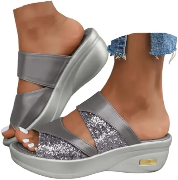 Women's Orthopedic Comfortable Arch Support Slide Slippers Wide Width Lightweight Cushioned Walking Hiking Platform Beach Outdoor Sandals Thick Sole Two Bands Sequin Sandals Slip on Daily Shoes