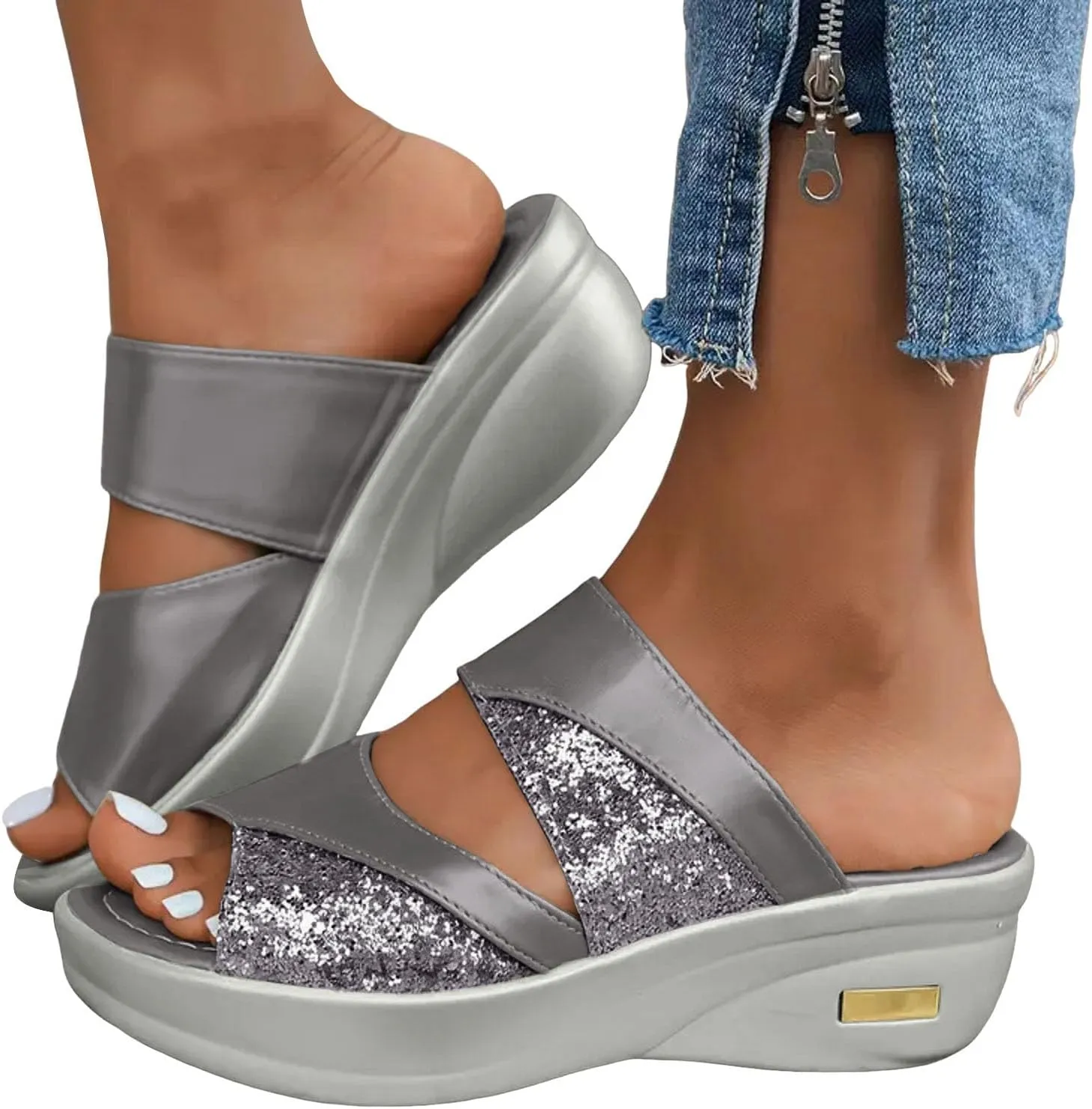 Women's Orthopedic Comfortable Arch Support Slide Slippers Wide Width Lightweight Cushioned Walking Hiking Platform Beach Outdoor Sandals Thick Sole Two Bands Sequin Sandals Slip on Daily Shoes