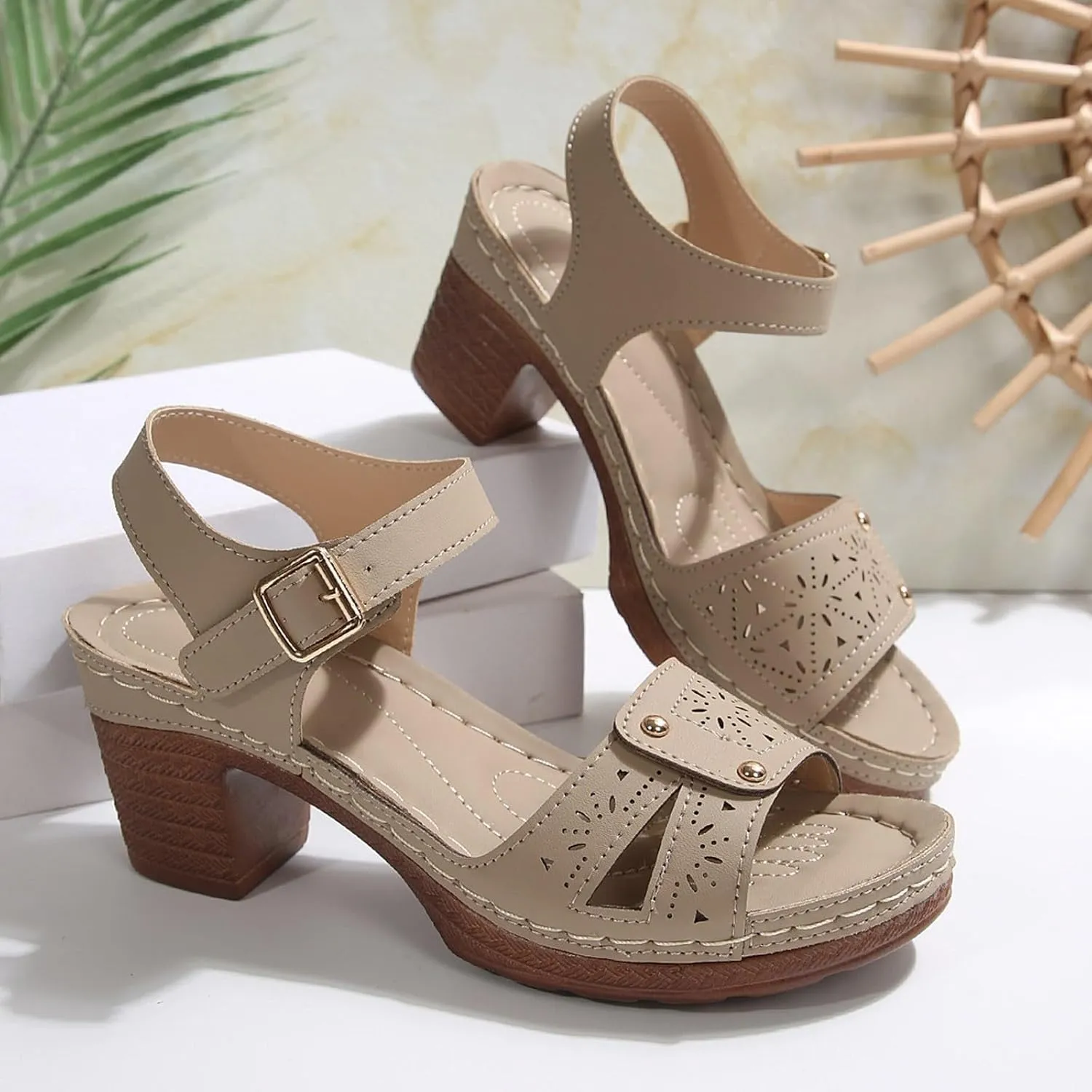 Womens Platform Wedge Sandals Dressy Summer Open Toe Buckle Ankle Strap Chunky Heels Sandals Comfortable Dress Casual Slip On Outdoor Shoes
