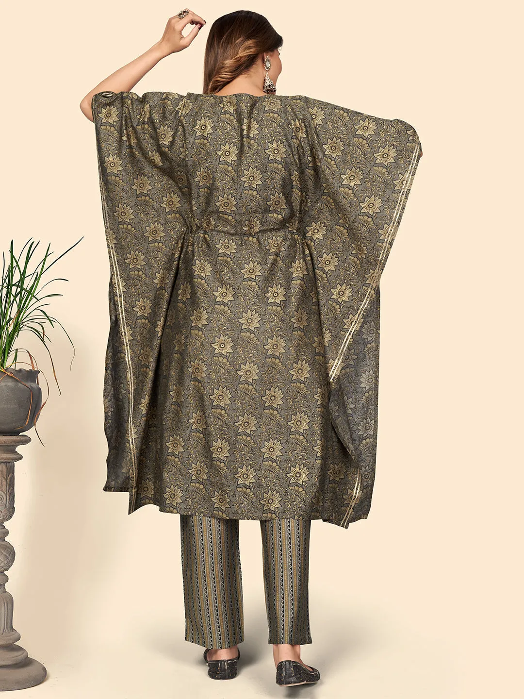 Women'S Print & Embroidered Straight Chanderi Grey Stitched Kaftan Kurta With Pant Set