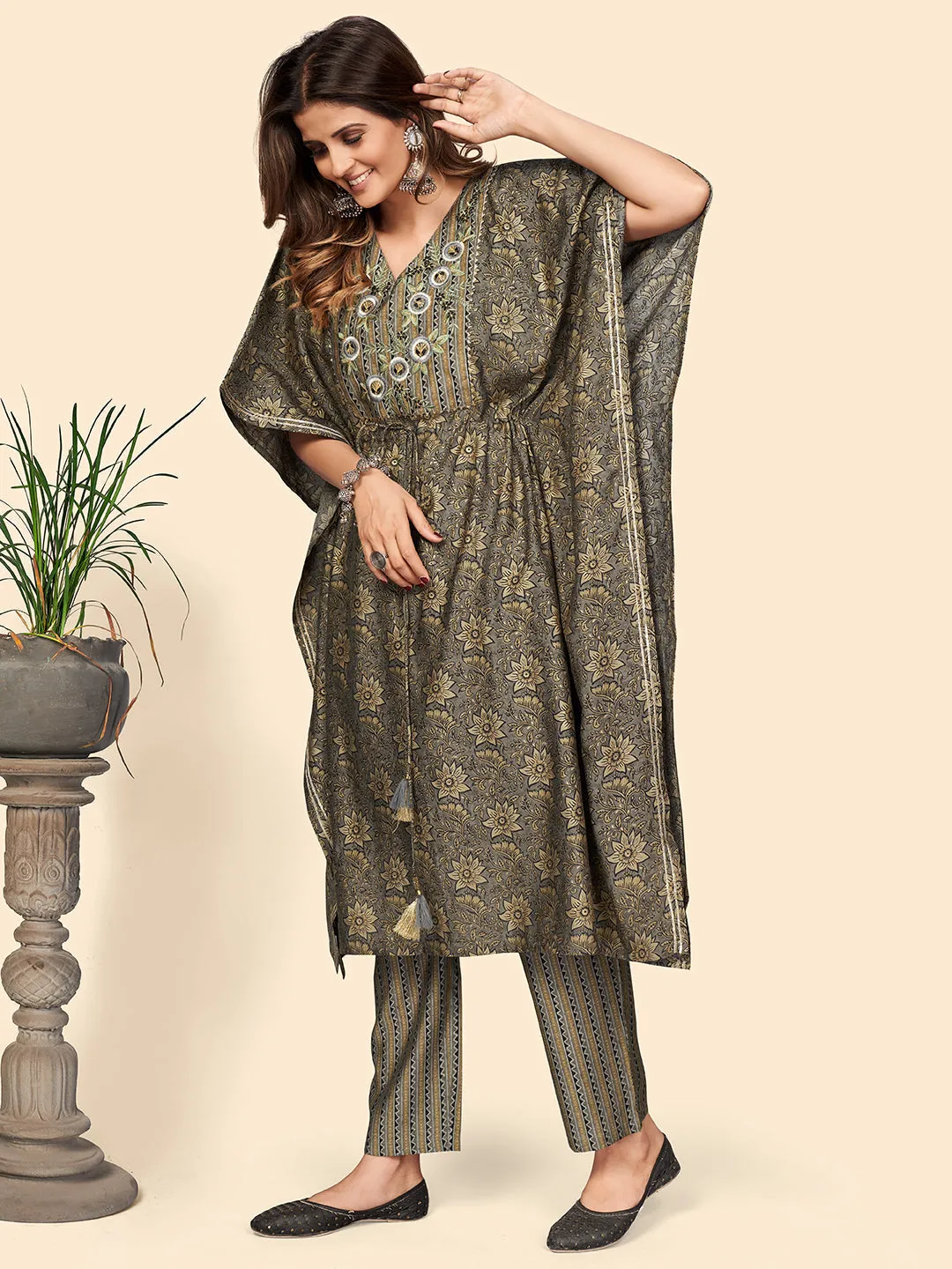 Women'S Print & Embroidered Straight Chanderi Grey Stitched Kaftan Kurta With Pant Set