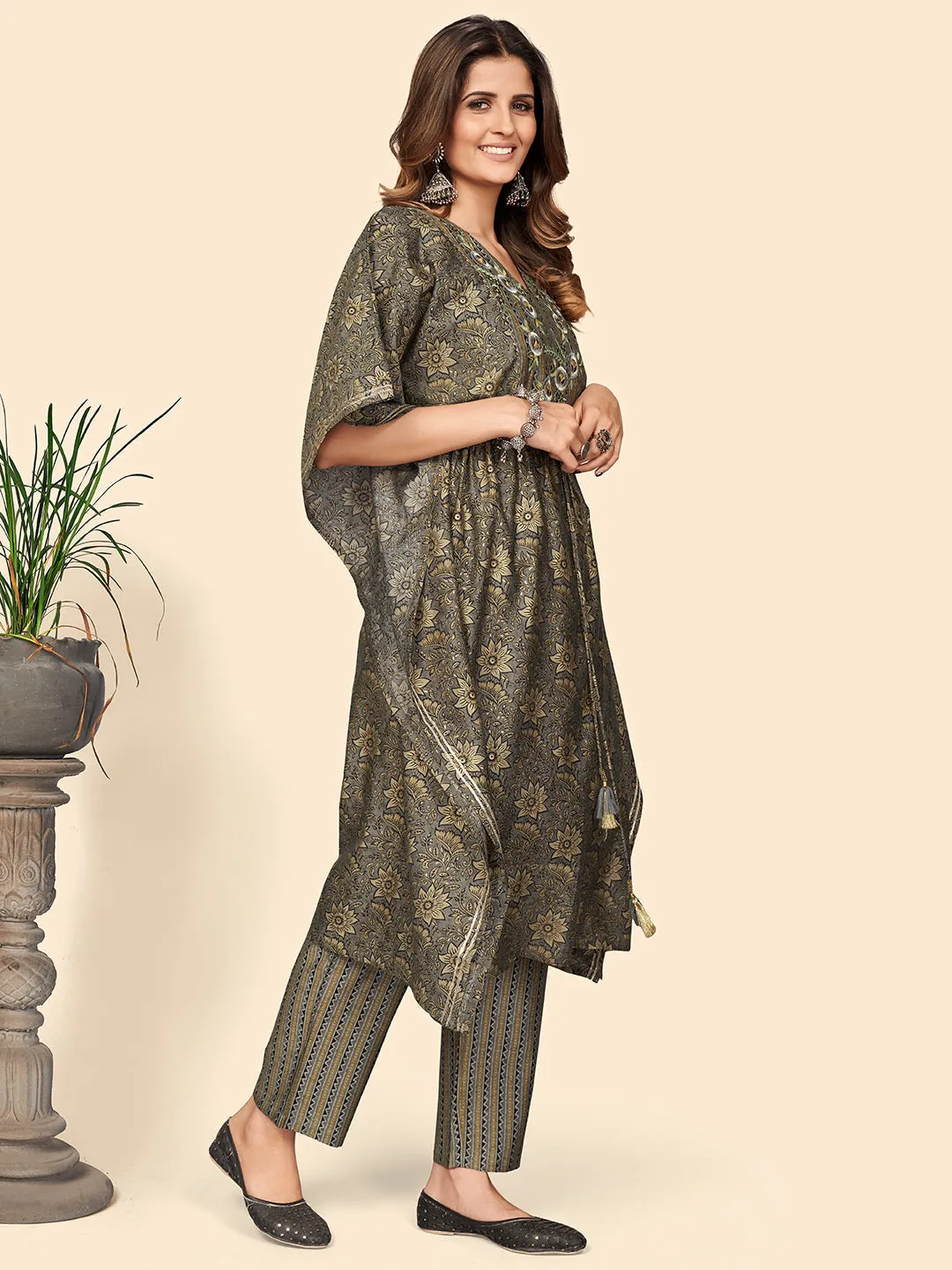 Women'S Print & Embroidered Straight Chanderi Grey Stitched Kaftan Kurta With Pant Set
