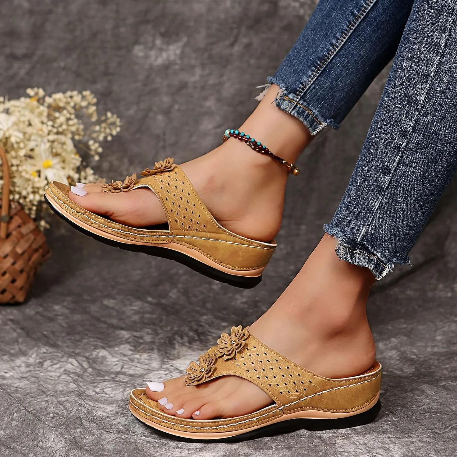Women's Sandals Yoga Mat Walking Wedge Thong Sandals with Plantar Fasciitis Arch Support Orthopedic Sandals