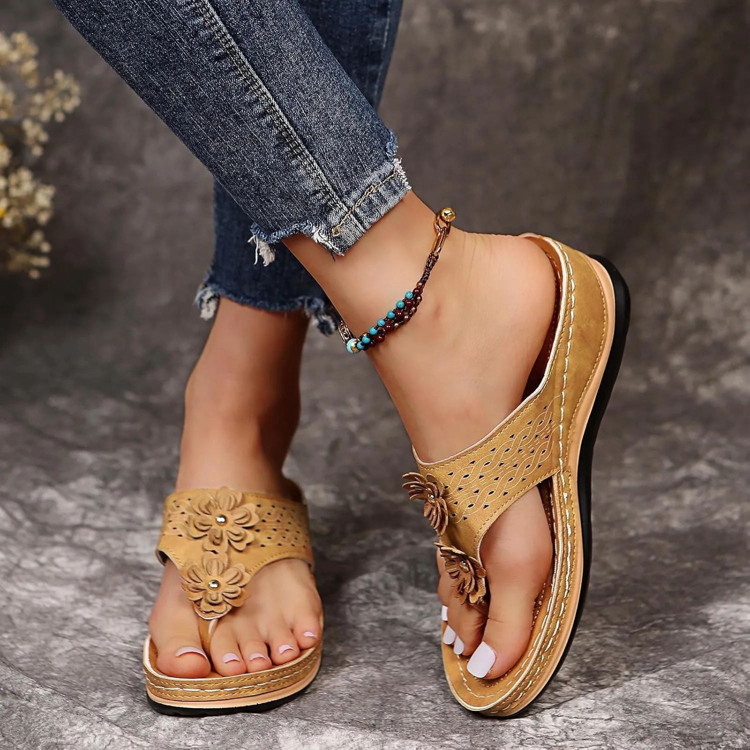 Women's Sandals Yoga Mat Walking Wedge Thong Sandals with Plantar Fasciitis Arch Support Orthopedic Sandals